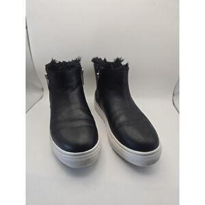 J/Slides Black Ankle Chukka Bootie Women 6M Leather Upper Faux Fur Zip Closure
